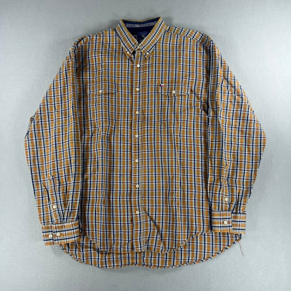 VTG Texas Cotton Western Button Down Plaid Orange/Blue Mens Size XL Made In USA